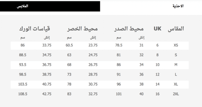 جدول المقاسات بالوزن للنساء