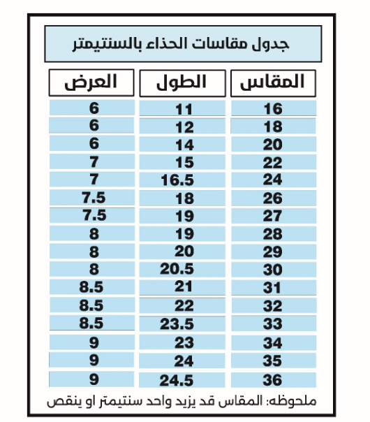 جدول مقاسات الأحذية بالسنتيمتر