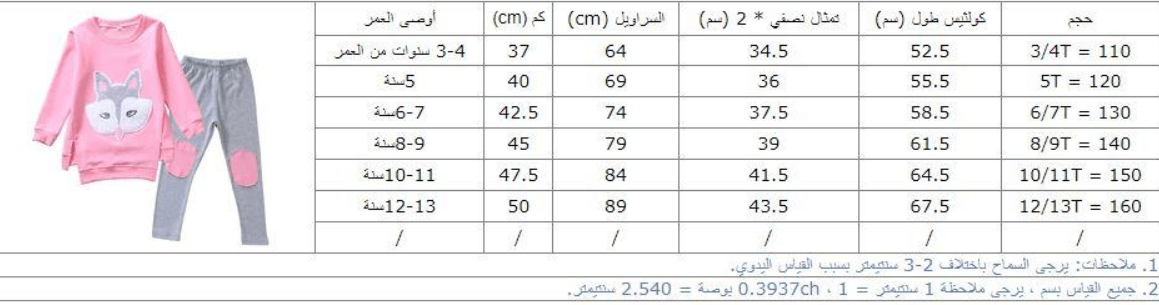 جدول مقاسات ملابس الأطفال في موقع ار اند بي