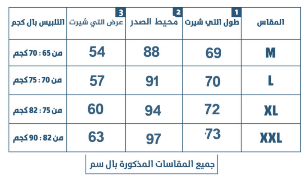 جدول مقاسات الملابس للتسوق